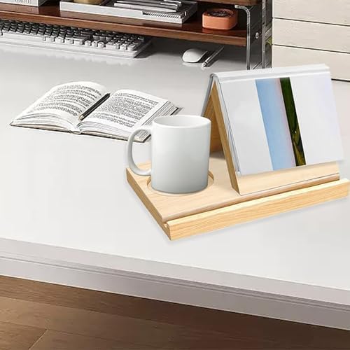 Solid Oak Wooden Triangle Bookshelf with Cup Holder and Tablet Slot