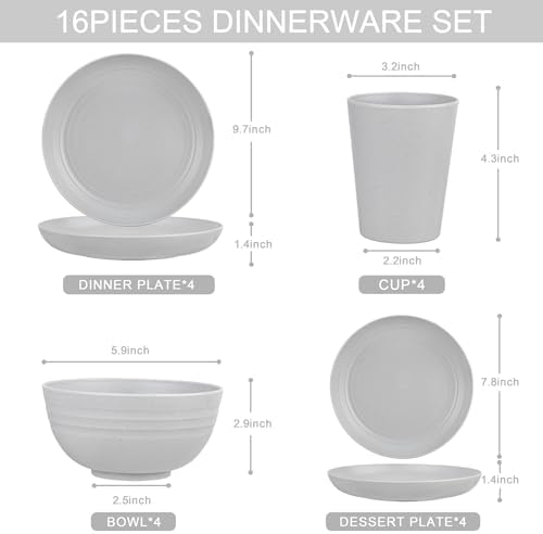 16-Piece Wheat Straw Dinnerware Set Plastic Dinnerware Reusable Tableware for 4