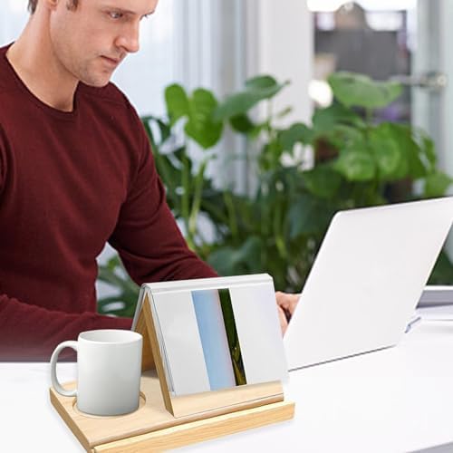 Solid Oak Wooden Triangle Bookshelf with Cup Holder and Tablet Slot