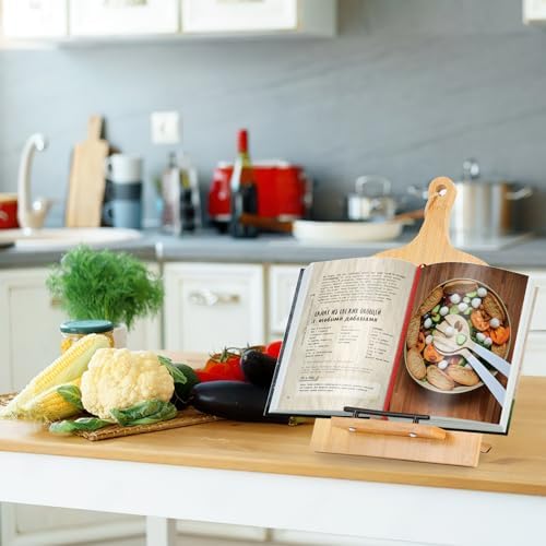 Sturdy Wooden Cookbook Stand with Measurement Chart for Kitchen Use