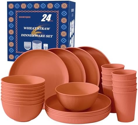 24pcs Unbreakable Reusable Wheat Straw Dinnerware Set for Outdoor Use