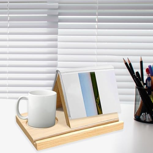 Solid Oak Wooden Triangle Bookshelf with Cup Holder and Tablet Slot