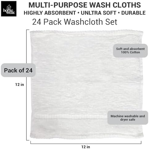 Zero Twist Wash Cloth Set 12x12 Inch - 100 Cotton - Pack of 24 - White