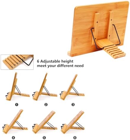 MEGREZ Bamboo Cookbook Stand with Page Clips 6 Height Adjustable