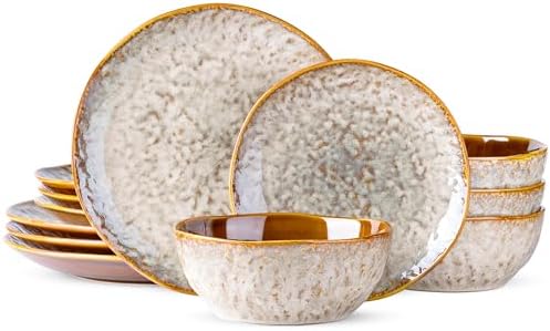 STurdy Ceramic Dinnerware Set with Wavy Edge for 4