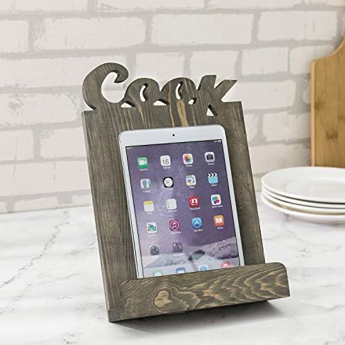 Functional Solid Wooden Cookbook Holder with Kickstand Decorative Letters Gray