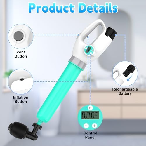 Electric Toilet Plunger with Auto Inflation and Digital Display