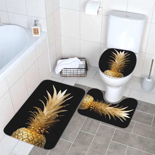 KOPOSTYZT Gold Pineapple 3 Piece Bathroom Rugs Set