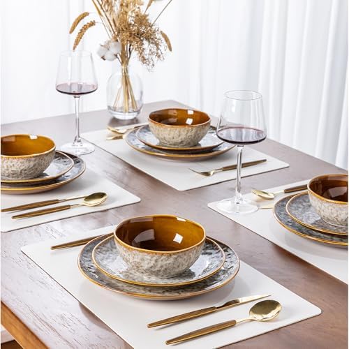 STurdy Ceramic Dinnerware Set with Wavy Edge for 4