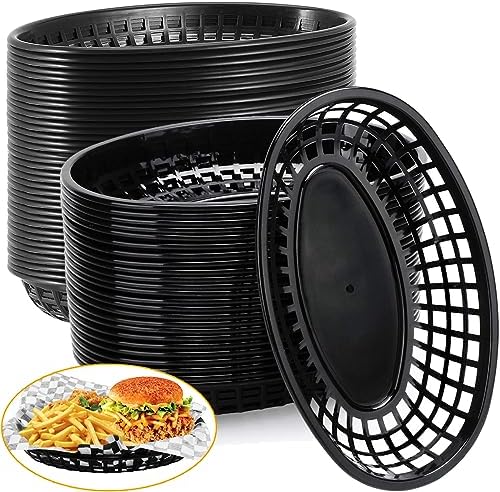 50-Piece Black Plastic Bread Basket Set for Fast Food Restaurant Use