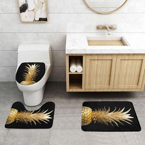 KOPOSTYZT Gold Pineapple 3 Piece Bathroom Rugs Set