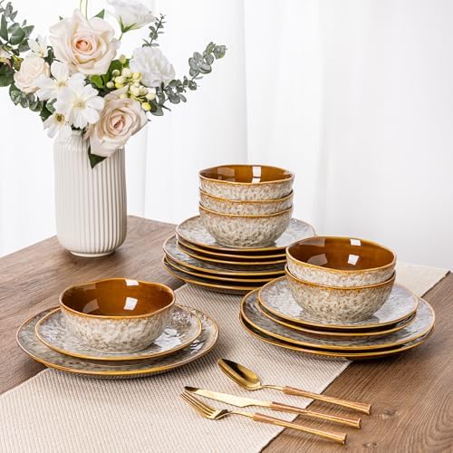 STurdy Ceramic Dinnerware Set with Wavy Edge for 4