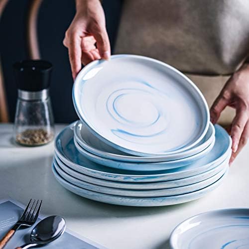 Yundu Blue Marbles 8-inch Ceramic Plates Set of 4 - Microwave Dishwasher Safe