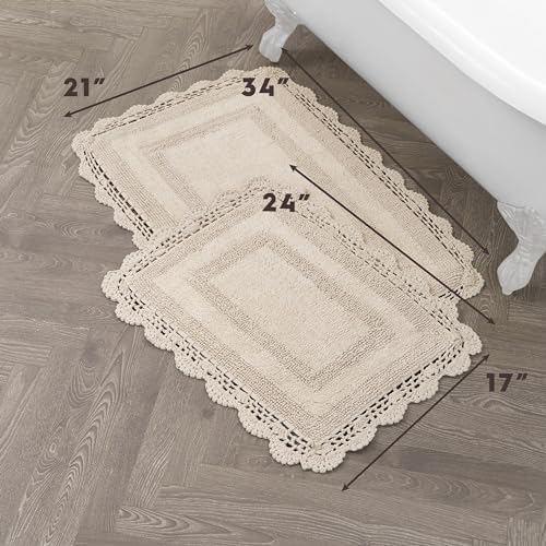 Laura Ashley Crochet Cotton 17x2421x34 in 2-Piece Bath Rug Set Linen