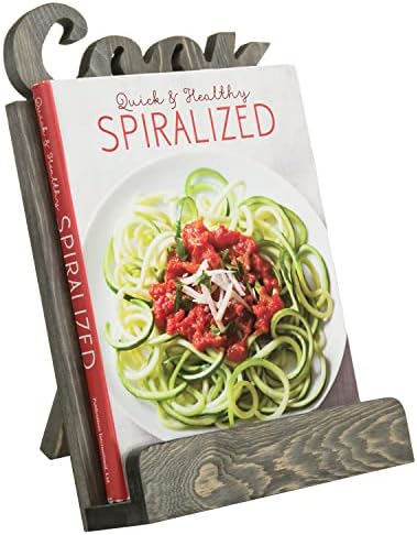Functional Solid Wooden Cookbook Holder with Kickstand Decorative Letters Gray