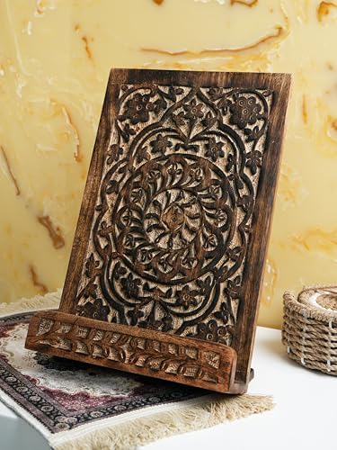 Intricate Hand-Carved Mandala Design Beautifully Hand-Carved Rosewood Mandala Recipe Book Stand