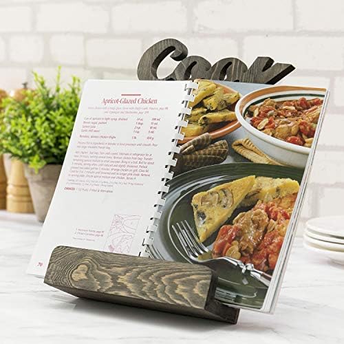 Functional Solid Wooden Cookbook Holder with Kickstand Decorative Letters Gray