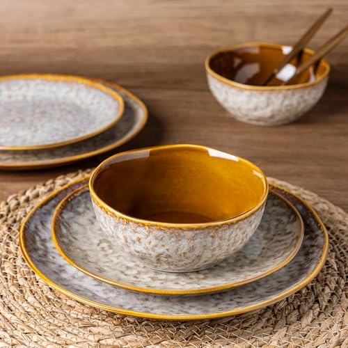STurdy Ceramic Dinnerware Set with Wavy Edge for 4