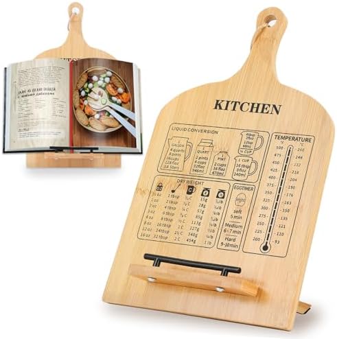 Sturdy Wooden Cookbook Stand with Measurement Chart for Kitchen Use