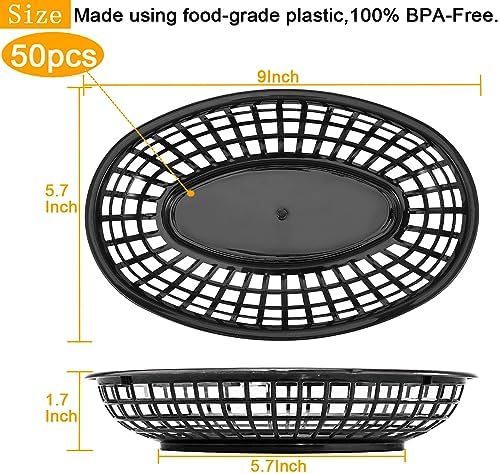 50-Piece Black Plastic Bread Basket Set for Fast Food Restaurant Use
