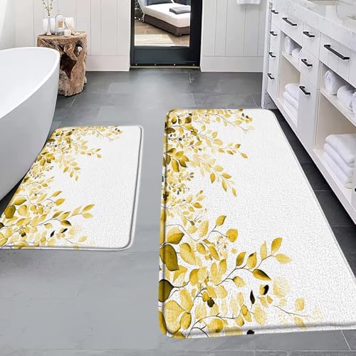 2Pcs Yellow Leaves Bath Mat