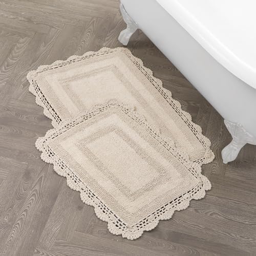 Laura Ashley Crochet Cotton 17x2421x34 in 2-Piece Bath Rug Set Linen