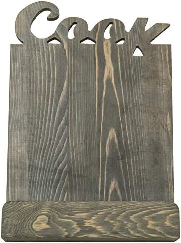 Functional Solid Wooden Cookbook Holder with Kickstand Decorative Letters Gray