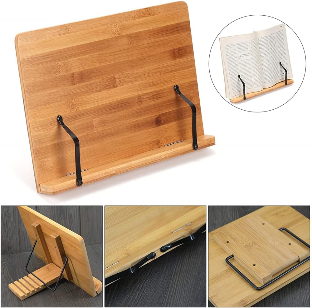 Adjustable Wooden Cookbook Stand with 2 Metal Page Holders