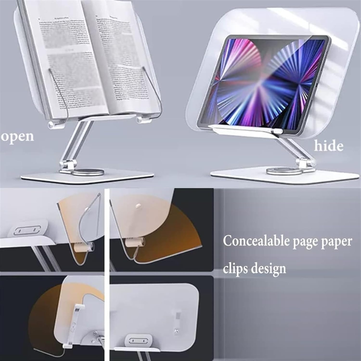 Adjustable 360 Book Holder with Page Clips Foldable for Cookbooks More