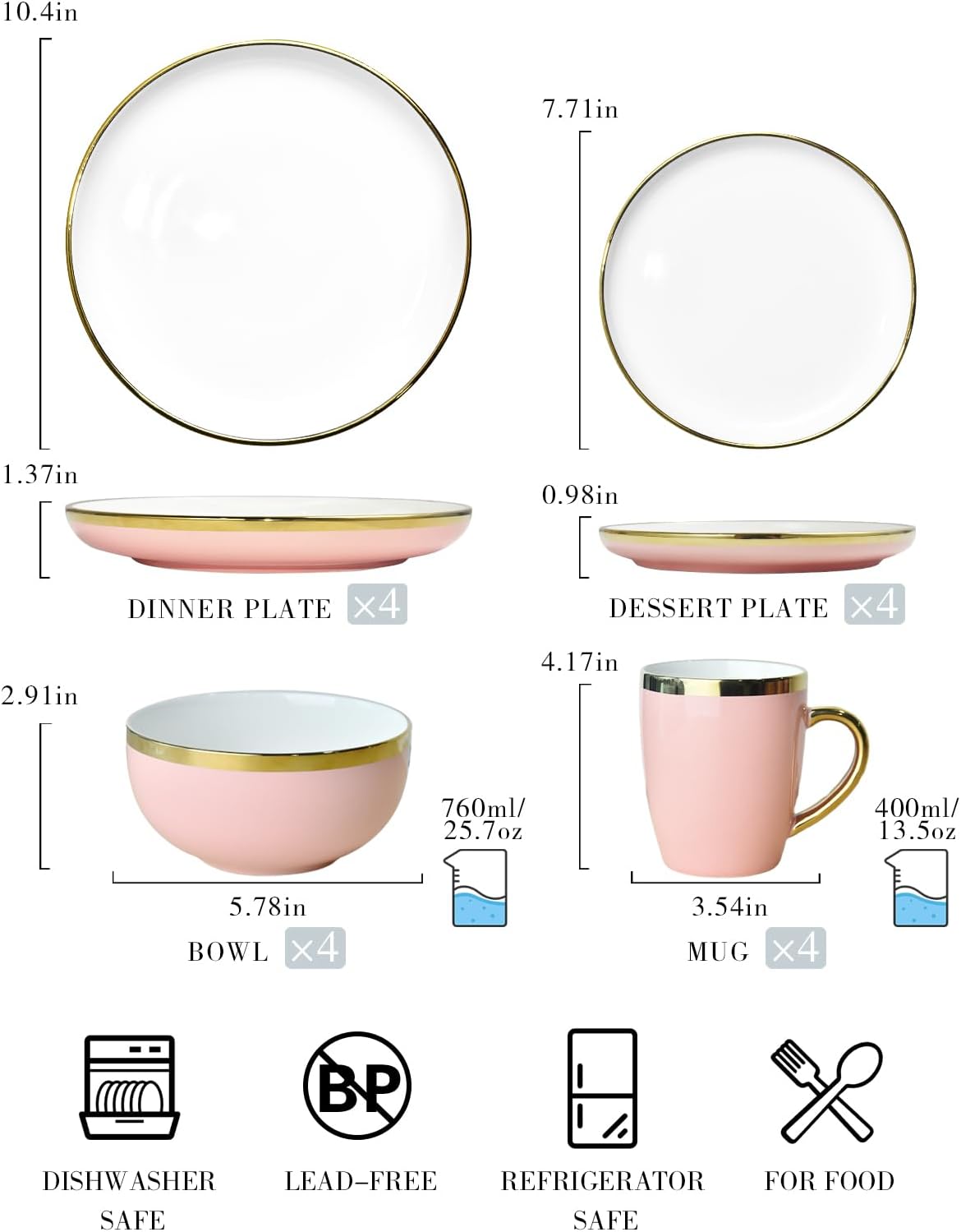 Stunning Gold Rim Dinnerware Set for 4