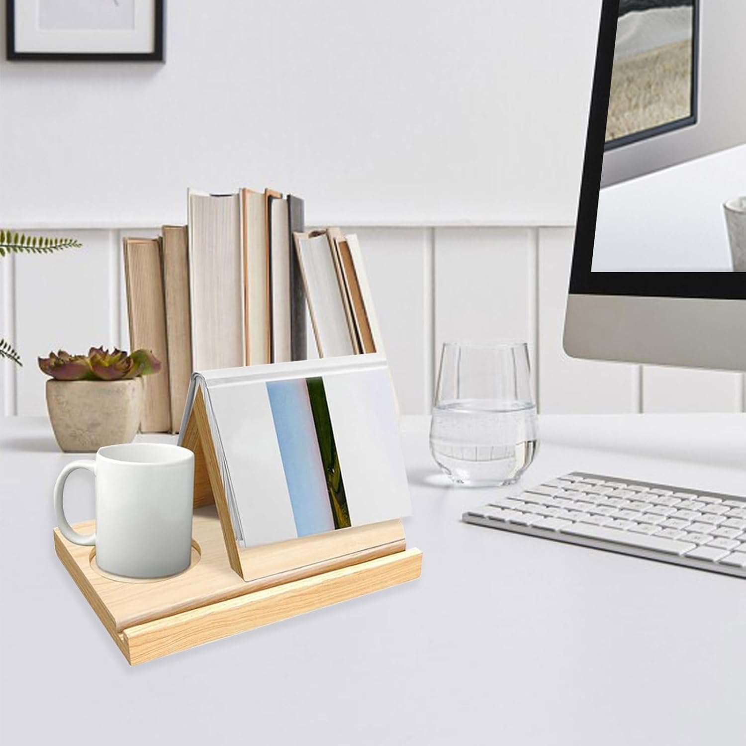 Solid Oak Wooden Triangle Bookshelf with Cup Holder and Tablet Slot