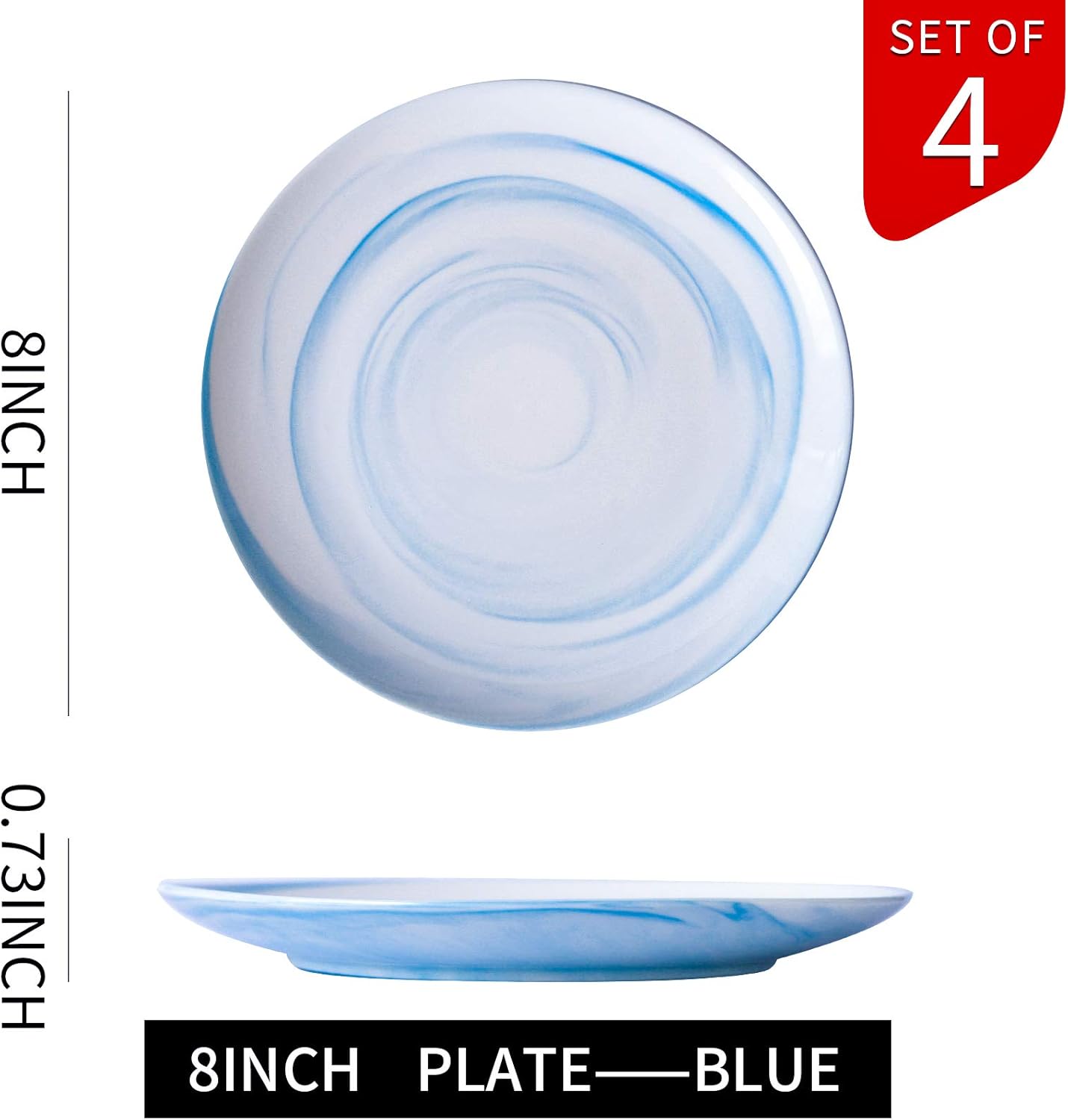 Yundu Blue Marbles 8-inch Ceramic Plates Set of 4 - Microwave Dishwasher Safe