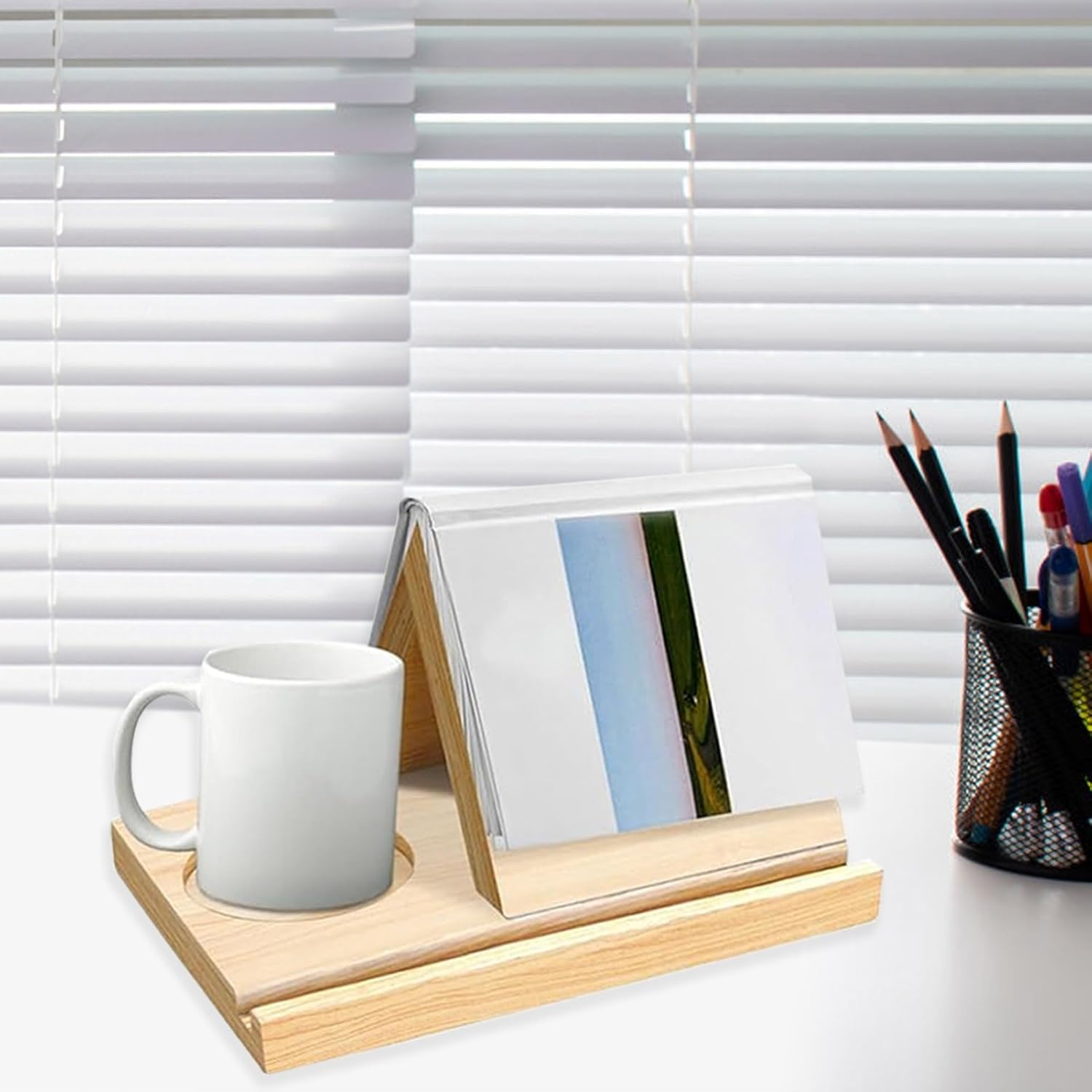Solid Oak Wooden Triangle Bookshelf with Cup Holder and Tablet Slot