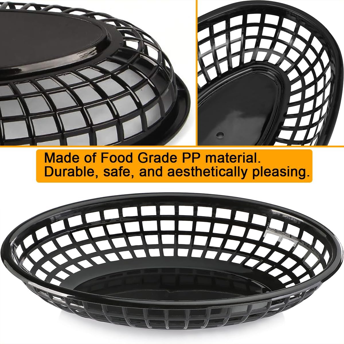 50-Piece Black Plastic Bread Basket Set for Fast Food Restaurant Use