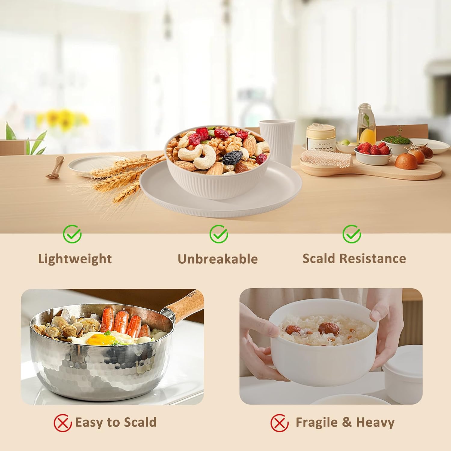 24pcs Unbreakable Reusable Wheat Straw Dinnerware Set for Outdoor Use