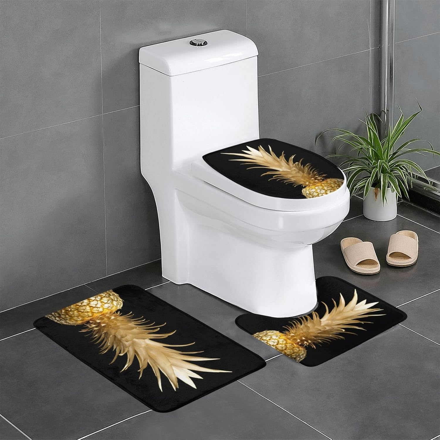 KOPOSTYZT Gold Pineapple 3 Piece Bathroom Rugs Set