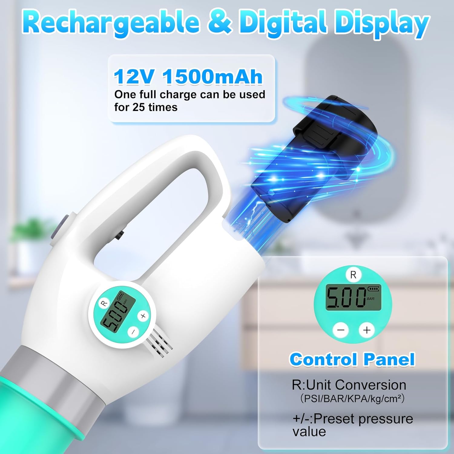 Electric Toilet Plunger with Auto Inflation and Digital Display