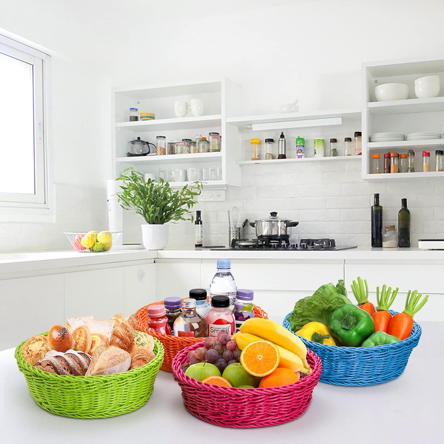 4-Piece Rattan Woven Baskets for Fruit Storage Serving