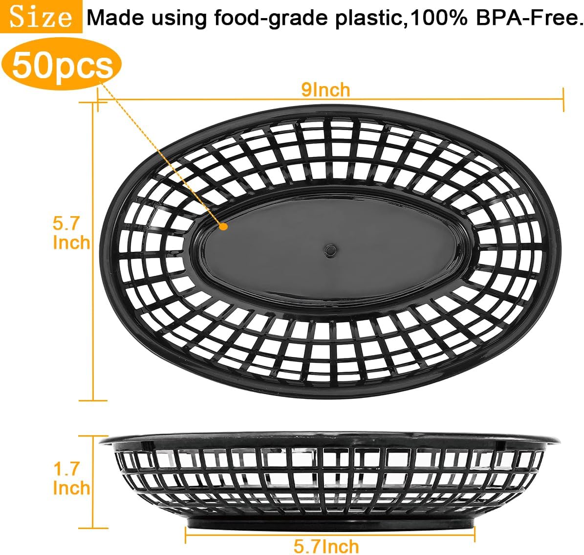 50-Piece Black Plastic Bread Basket Set for Fast Food Restaurant Use