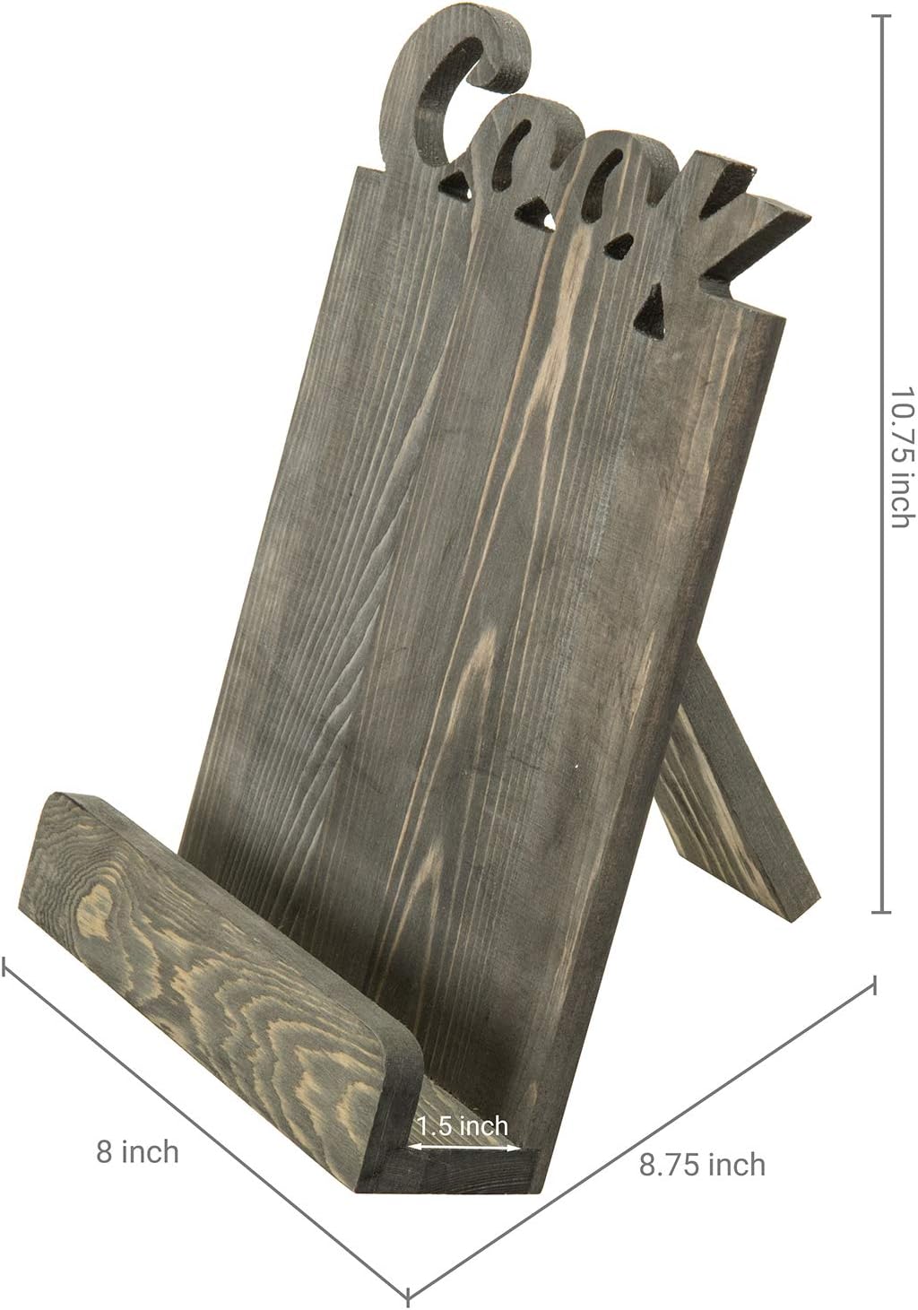 Functional Solid Wooden Cookbook Holder with Kickstand Decorative Letters Gray