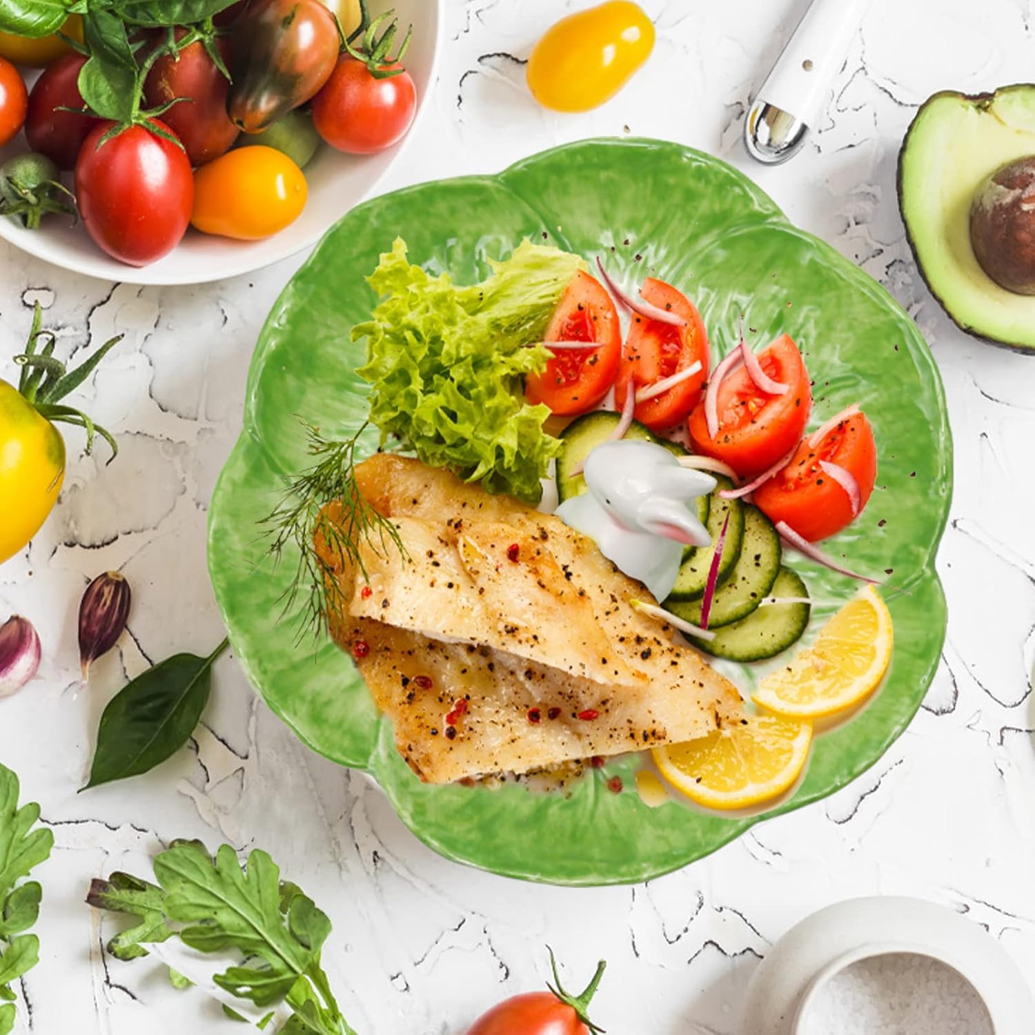 Green Cabbage Ceramic Dinner Plate with Rabbit