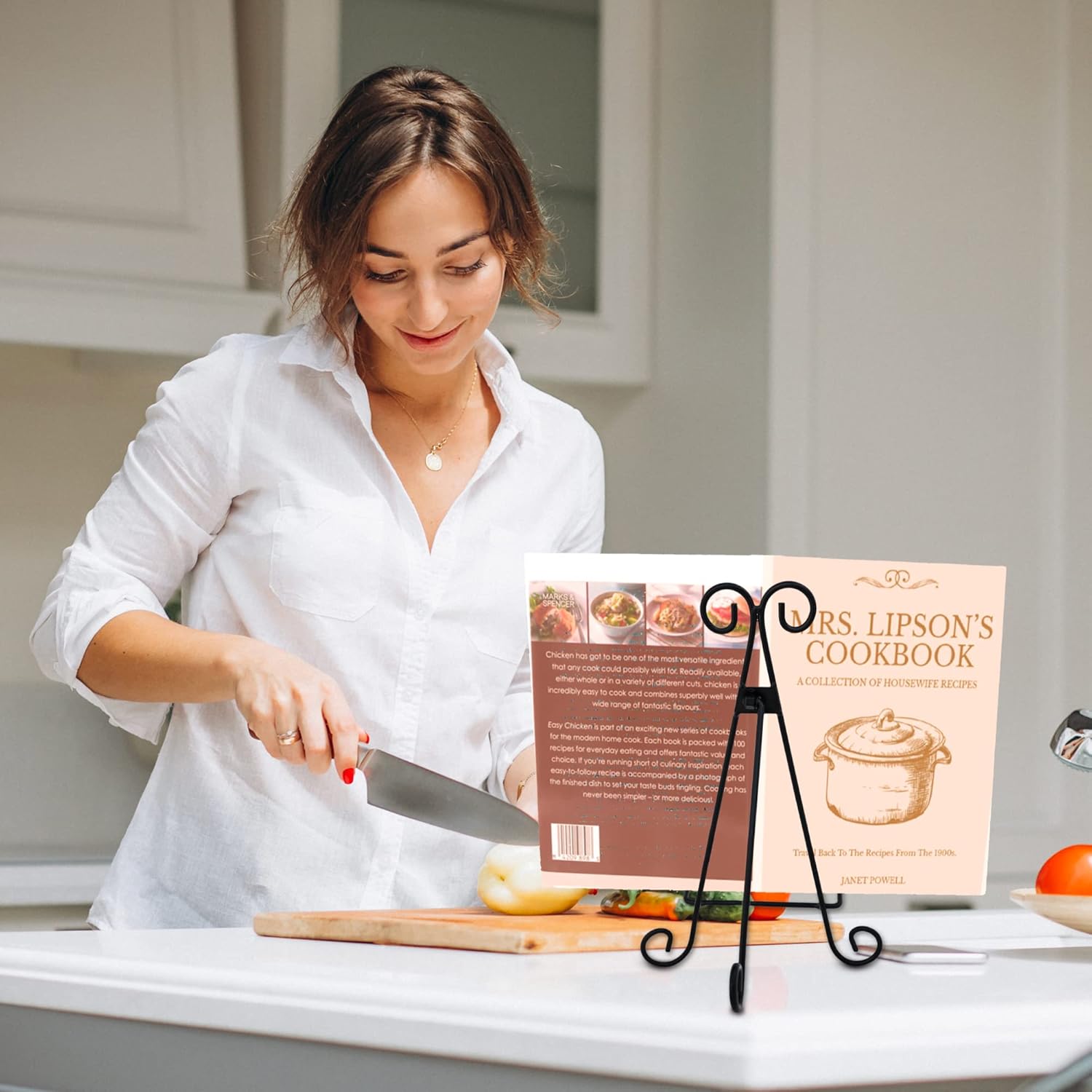 Elegant Heavy-Duty Metal cookbook Stand for Hands-Free Reading Storage
