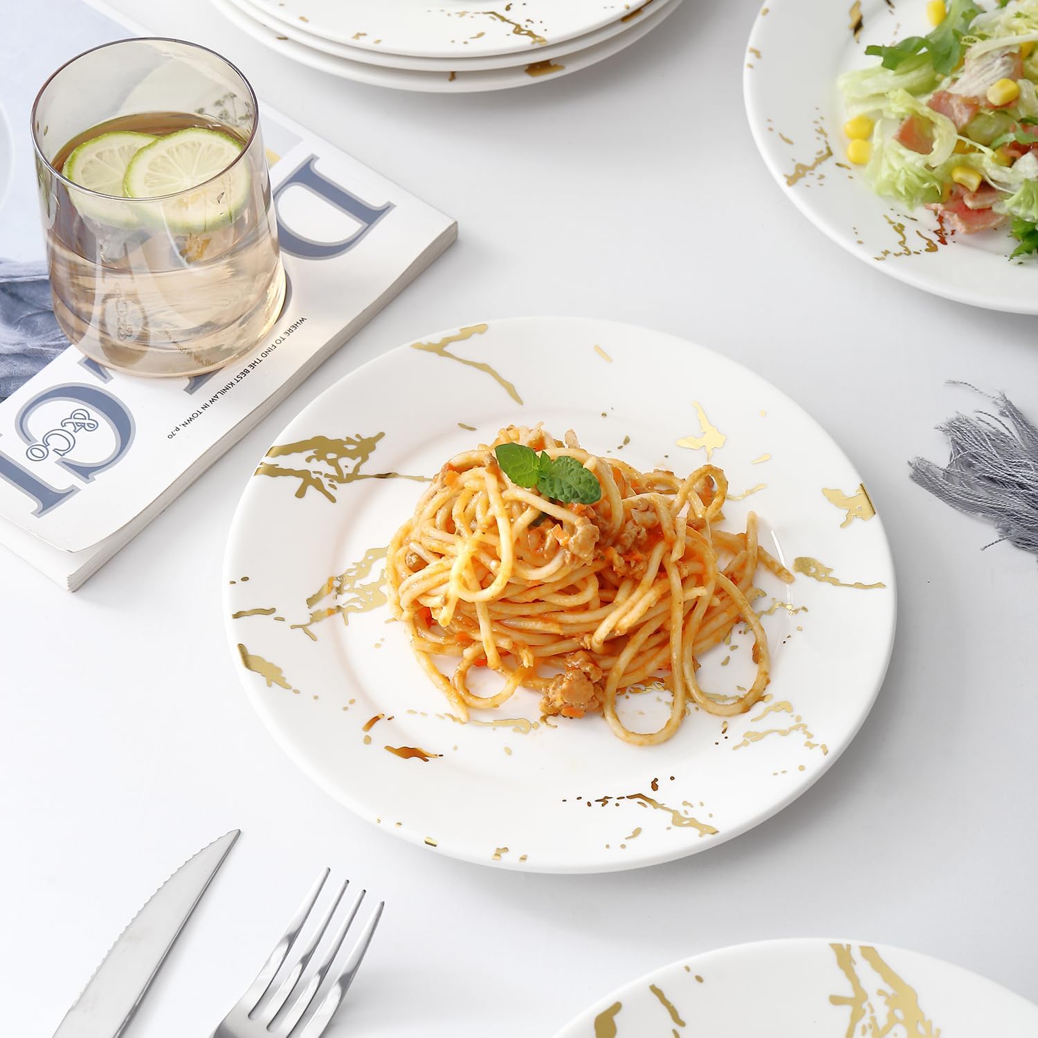 Elegant 10-Inch White Gold Ceramic Dinner Plates Set of 6
