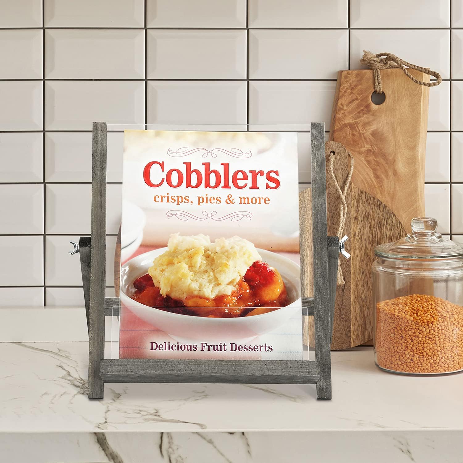 MyGift Rustic Kitchen CookBook Stand with Foldable Kickstand