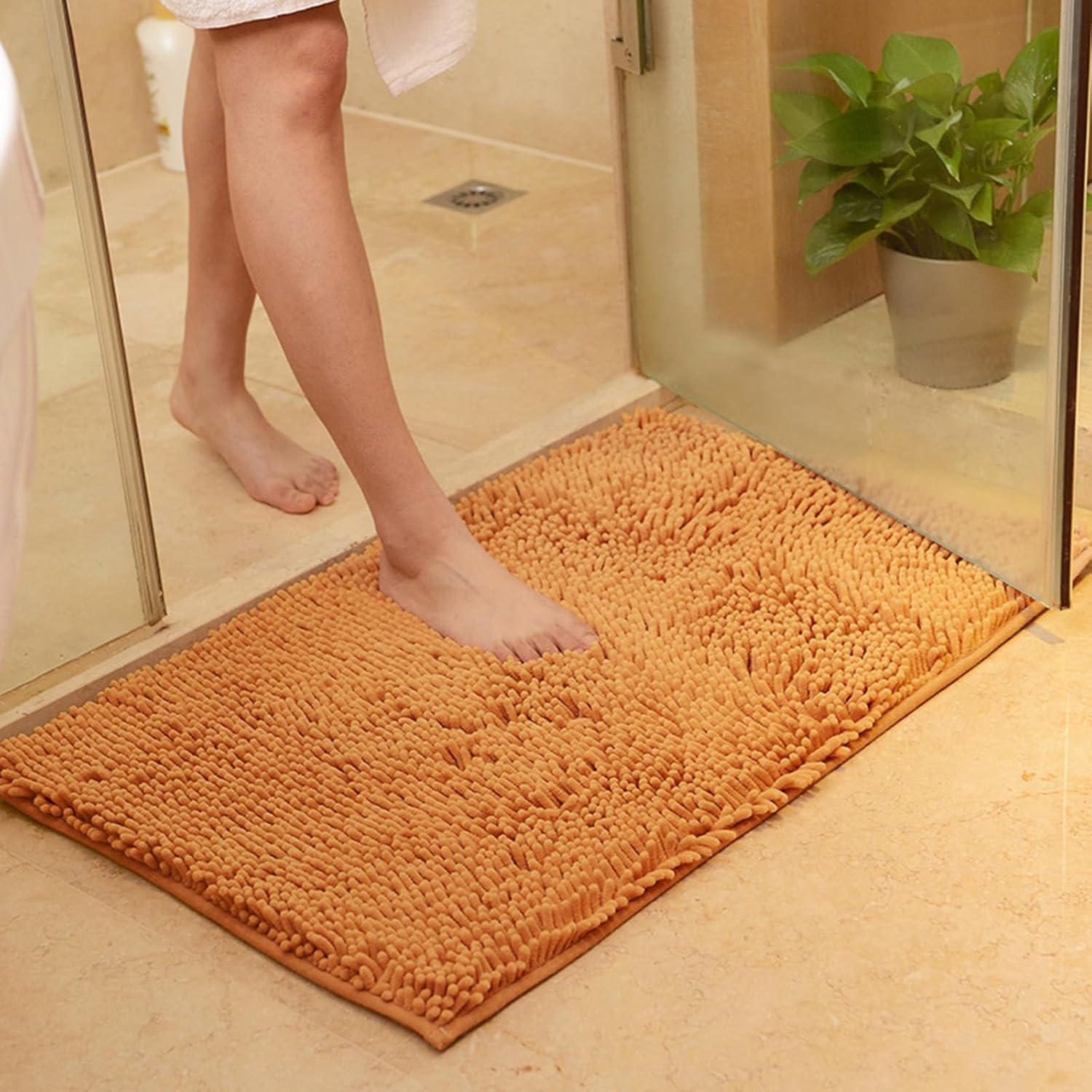 Robust 28x18 Machine Washable Light Bathmat Versatile Herringbone Throw Non-Slip Bottom Gold