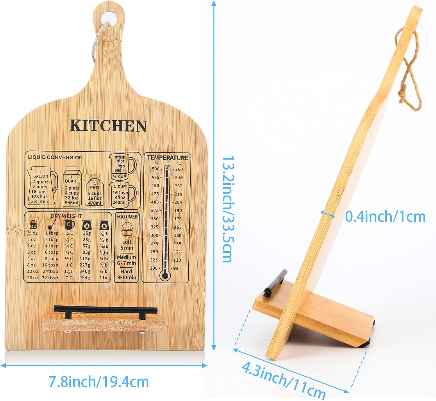 Sturdy Wooden Cookbook Stand with Measurement Chart for Kitchen Use