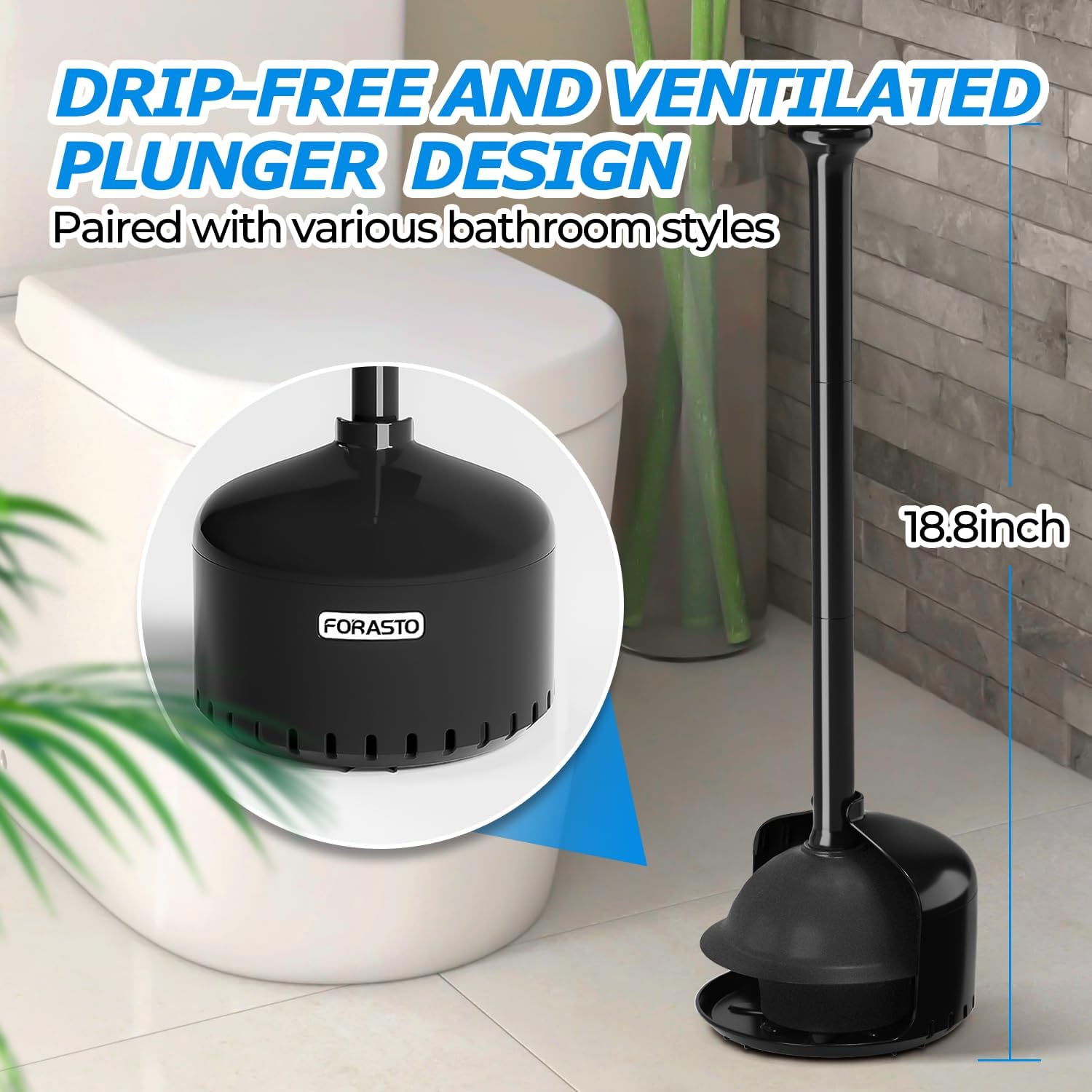 FORASTO 2-Pack Toilet Plunger With Holder Black