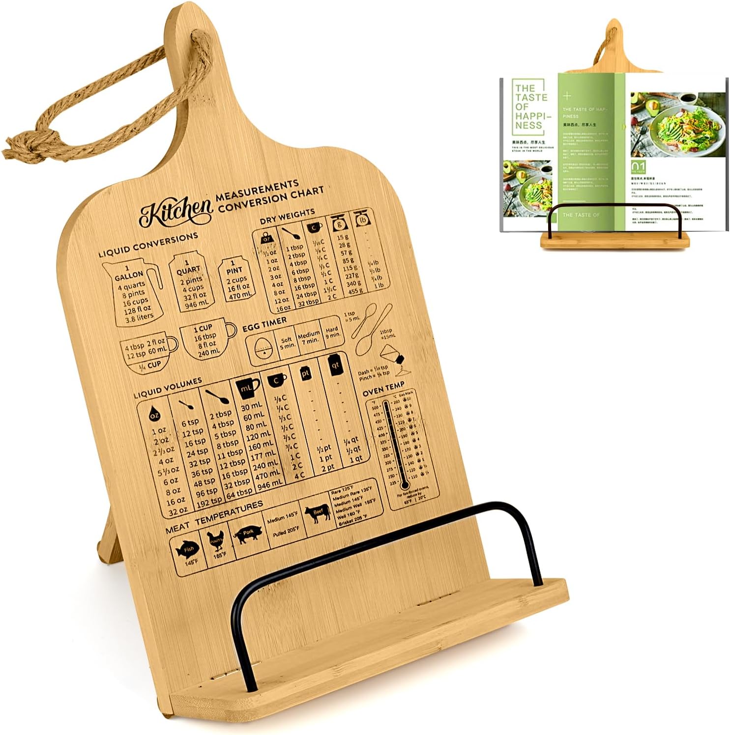 Adjustable Bamboo CookBook Holder with Conversion Chart
