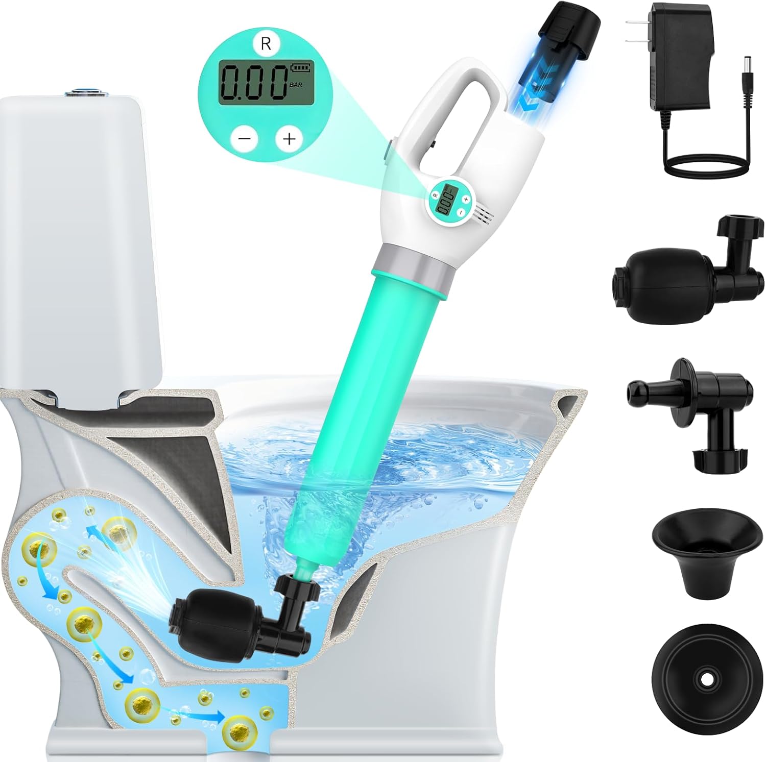 Electric Toilet Plunger with Auto Inflation and Digital Display