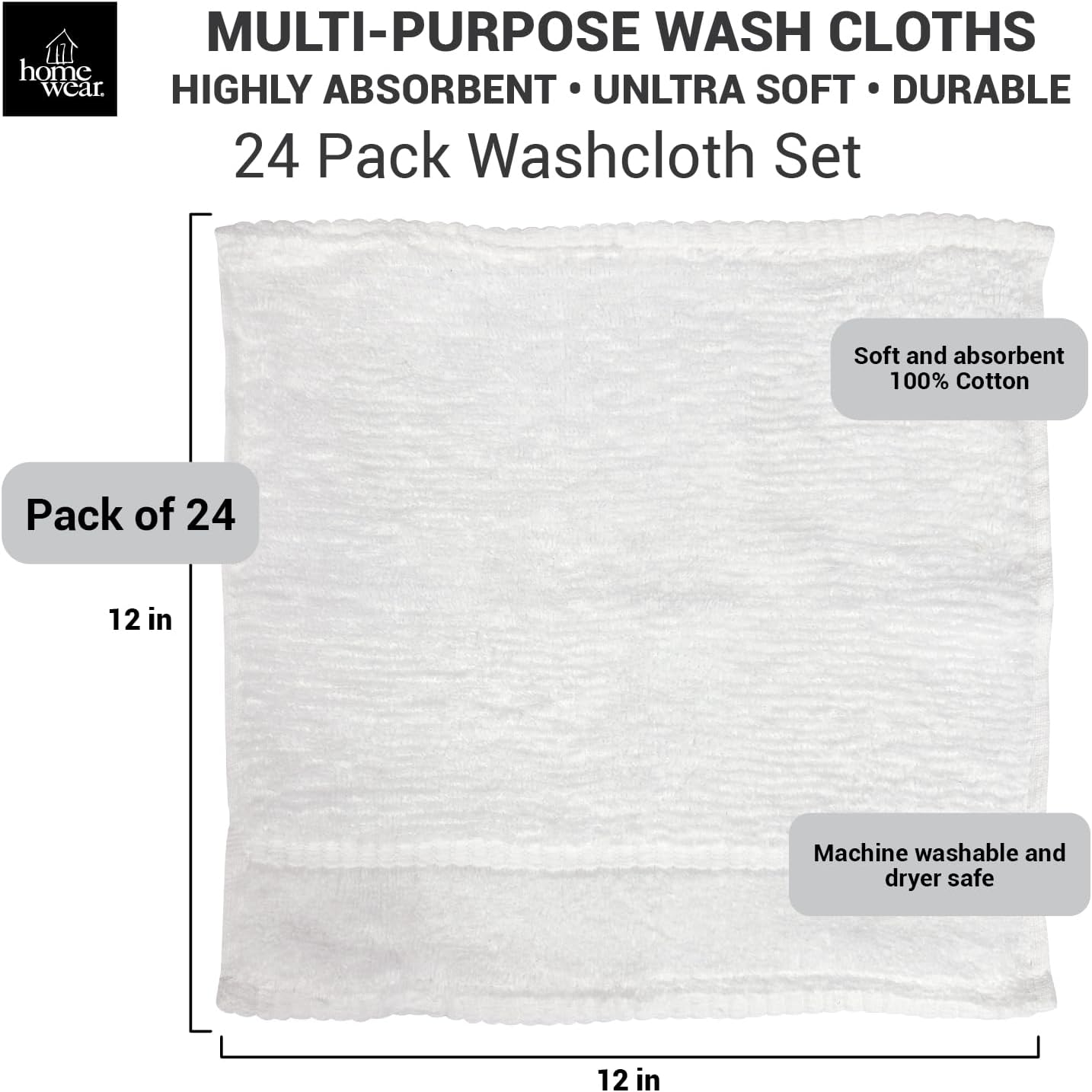 Zero Twist Wash Cloth Set 12x12 Inch - 100 Cotton - Pack of 24 - White